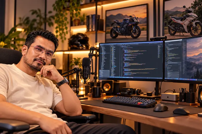 AI-generated editorial image of a person beside a dual-monitor workspace, with motorcycles pictured above the desk