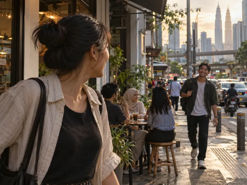Two friends meet outside a Kuala Lumpur café with the Petronas Towers behind