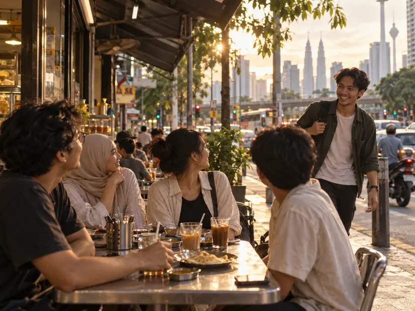 Friends at a mamak table in Kuala Lumpur welcome a friend arriving at sunset