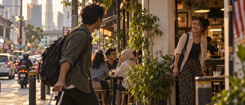 Traveller with a suitcase greeted by a friend outside a Kuala Lumpur café